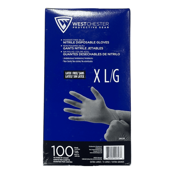 West Chester Powdered Free Blue Nitrile Disposable Gloves 5 mil XL 100 Pack