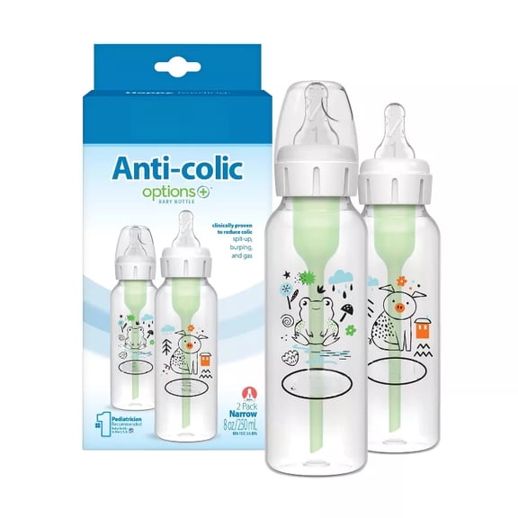 Anti-Colic Narrow-Neck Baby Bottles, 8 fl oz 2-Pack, Pig and Frog Design, Infant Feeding Bottles, Newborn Baby Bottles, Narrow Neck Baby Feeding Bottle Set