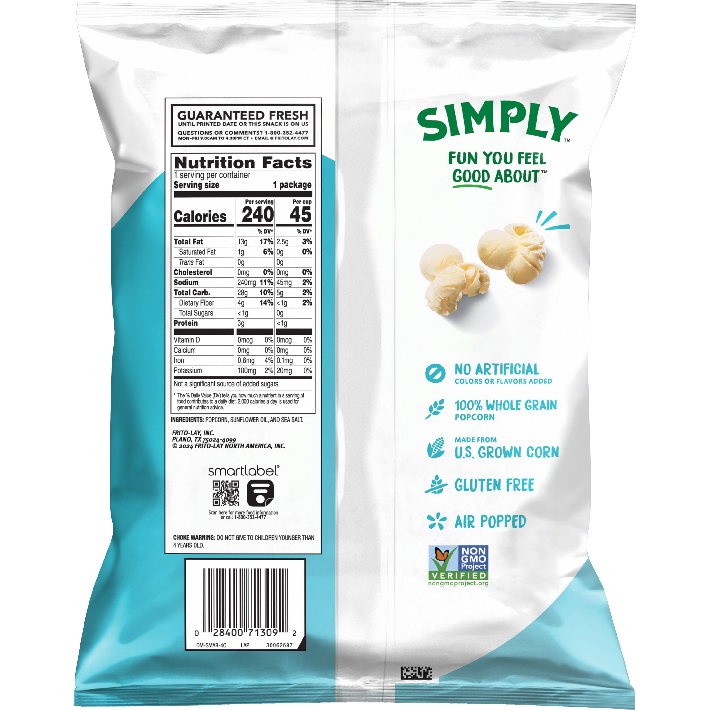 Smartfood Popcorn Simply Sea Salt Flavored Popcorn Snack, 1.625oz Bag Single Pack