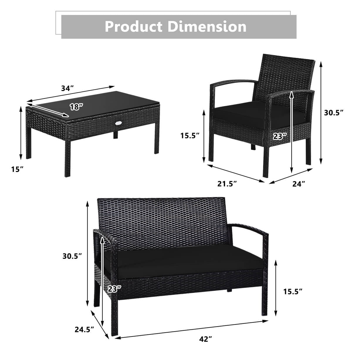 Costway 4 PCS Outdoor Patio Rattan Furniture Set Cushioned Sofa Coffee Table Garden Deck