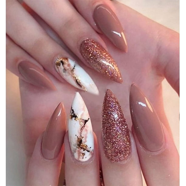 24 uñas extra largas, uñas acrílicas brillantes con purpurina de estilete, uñas postizas de almendra brillante, uñas postizas de cobertura completa de graffiti para mujeres y niñas Namotu CZMR-ZC39-1