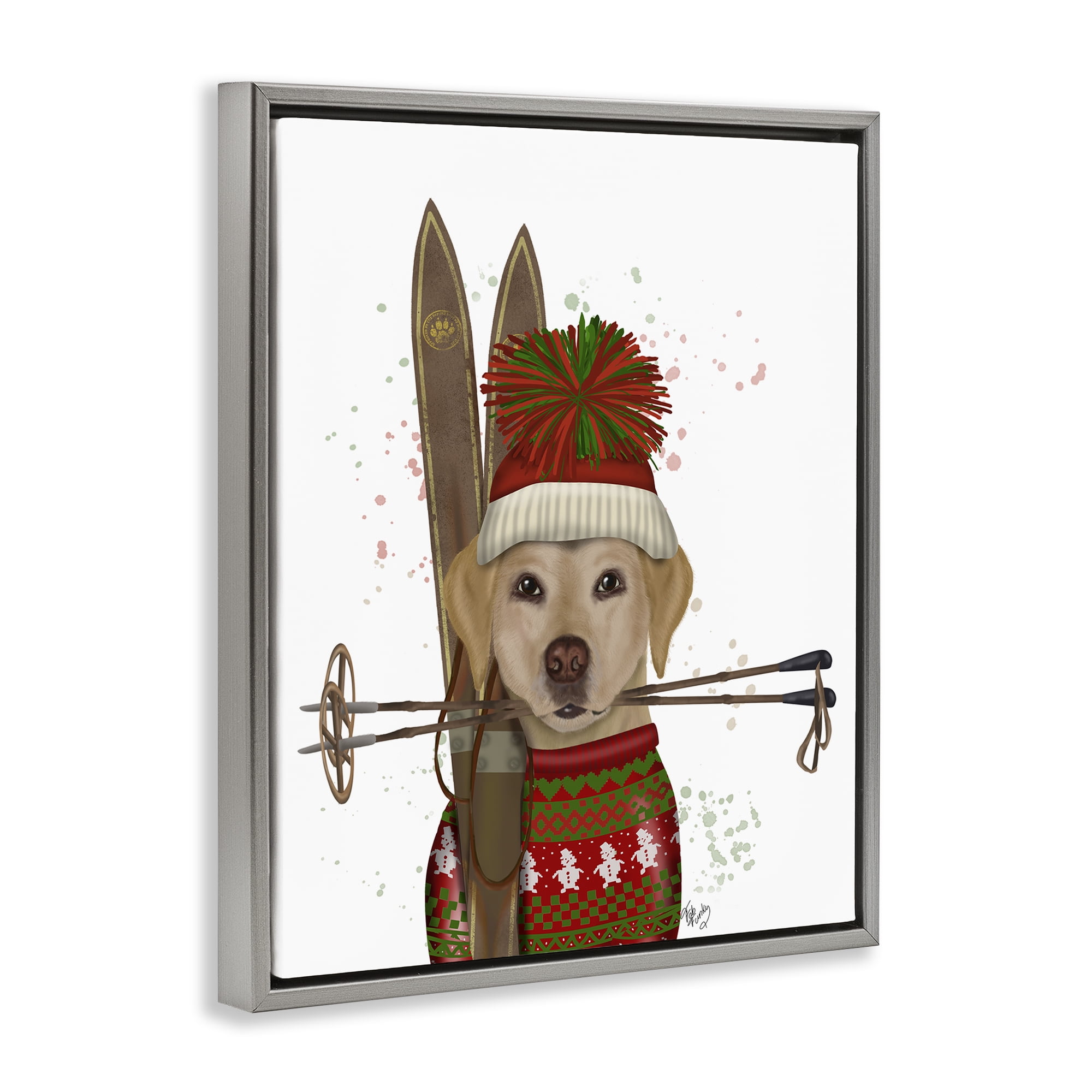 Stupell Industries Yellow Labrador Skiing Animals & Insects Painting Gray Floater Framed Canvas Art Prints Wall Art, 17 x 21