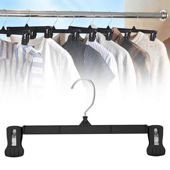 CSSJKYJ 12 inch Pants Hangers Slim Plastic Clothes Hangers with Clips for Skirts, Shorts & Trousers – Non Slip Grip, Heavy Duty Space Saver with Swivel Hook – Black Closet Organizer
