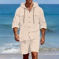 thumbnail image 2 of Casual Spring Outfits for Men 2 Piece Linen Long Sleeve Hoodie Button Down with Pocket and Matching Shorts Set Size 3XL Khaki, 2 of 9