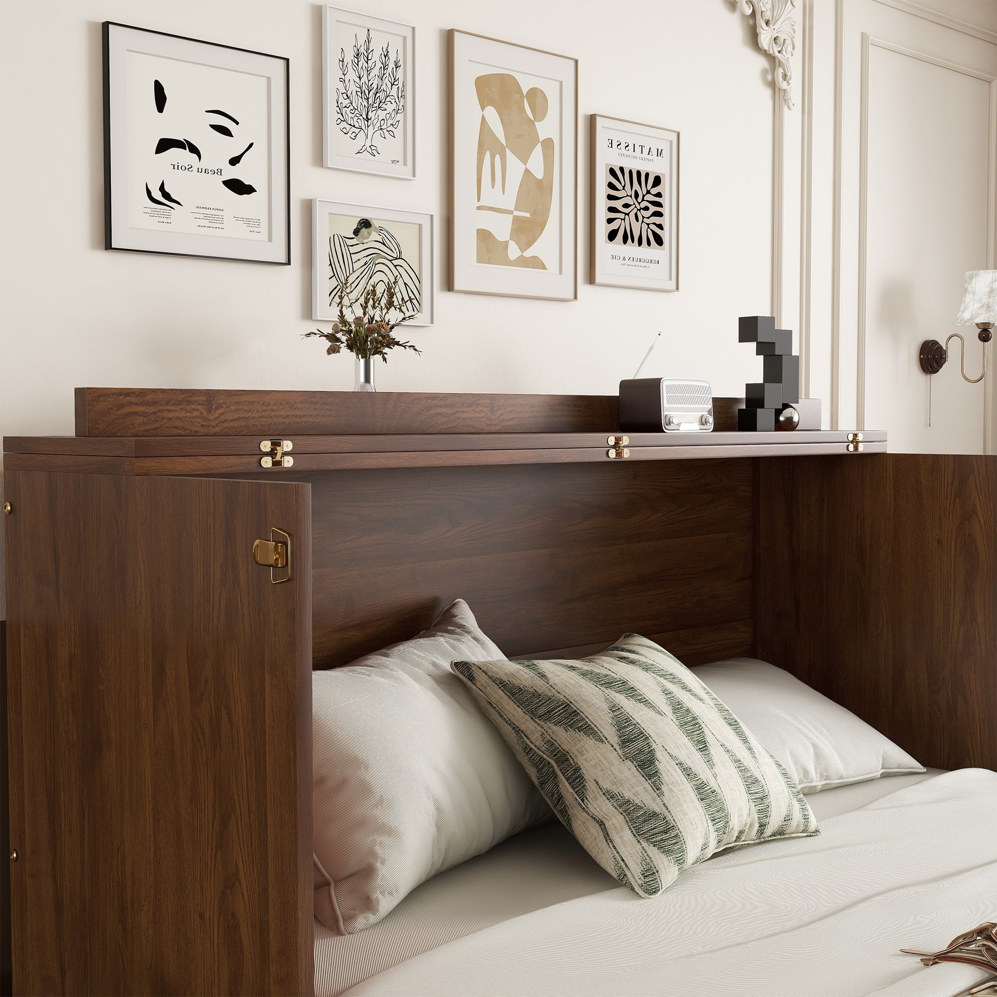 Alvantor Queen Size Murphy Bed with Drawer and Power Stations, Space-Saving Cabinet Bed with Rattan, Walnut