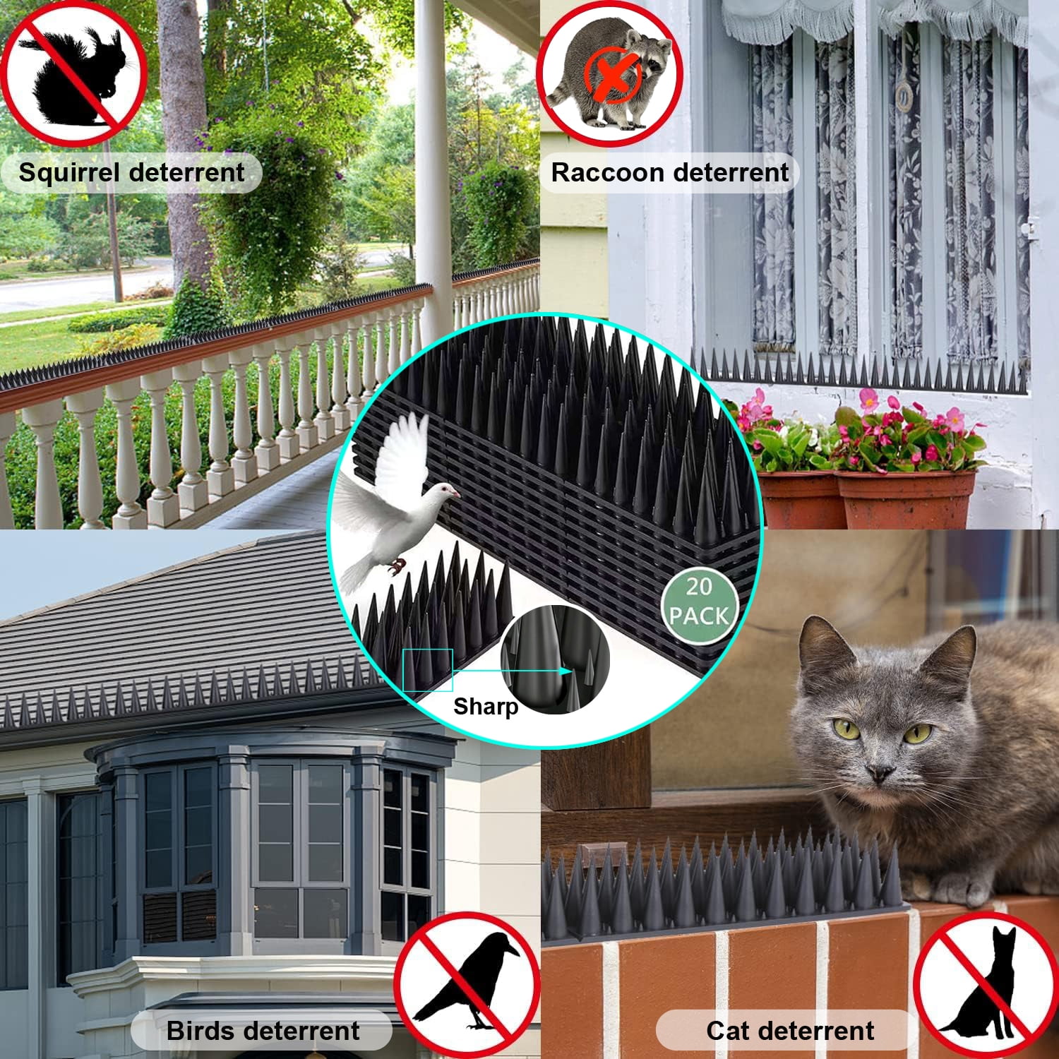 Bird Spikes for Outside, 20 Pack Bird Squirrel Raccoon Pigeon Cat Animal Deterrent Spikes for Bird Spikes for Anti Bird Defender Spikes Outdoor to Keep Birds Away and Keep Birds(5.7M/18.7feet)