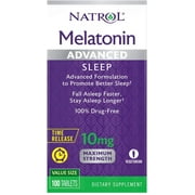 Natrol Melatonin Advanced Sleep Tablets with Vitamin B6, Helps You Fall Asleep Faster, Stay Asleep Longer, 2-Layer Controlled Release, 100% Drug-free, Maximum Strength, 10mg, 100 Count