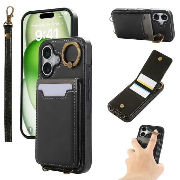 Allytechgroup Wallet Case for iPhone 16 with Credit Card Slot, RFID Blocking PU Leather Flip Case with Lanyard & Kickstand Shockproof and Anti-Scratch Bumper for Women Girls, Black