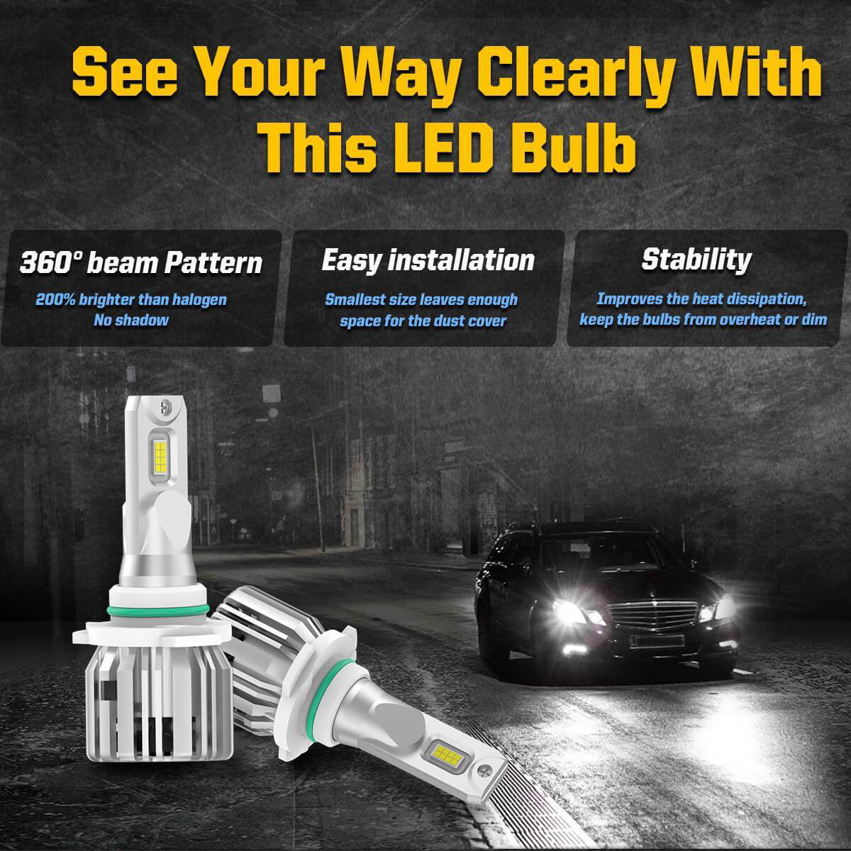 9012 LED Headlight Bulbs HIR2 High Low Headlamp Pure White Bright All In One Conversion Kit 40W 9800Lm 6000K 2 Pack 