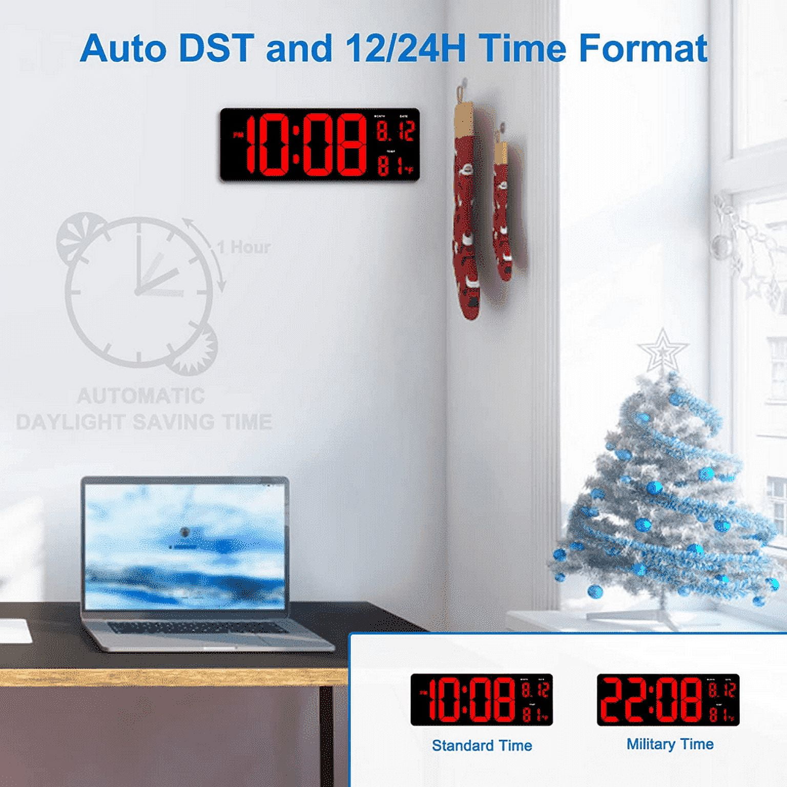XIHAMA-Large Digital Wall Clock , 14" Battery Operated Alarm Clock with Day, Date & Temperature, Jumbo Display Digital Count Up Down Timer Clock for Seniors, Home, Bedroom Office