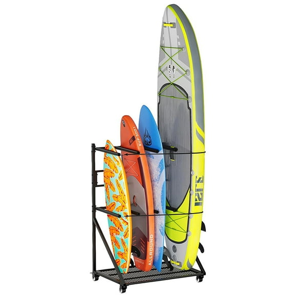 Ztysn Surfboard Snowboard Rack,4 Boards Vertical Display Stand with Wheels for Shortboard and Longboard Storage Organizer,Paddleboard Wakeboard Holder,Metal/Black