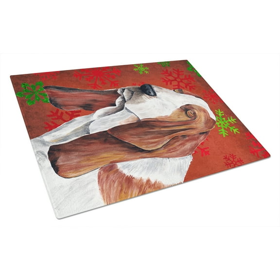 Carolines Treasures SC9412LCB Basset Hound Red and Green Snowflakes Holiday Christmas Glass Cutting Board Large, 12H x