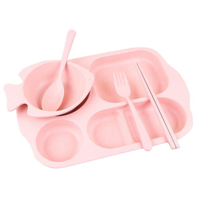 5pcs/Set Wheat Straw Divided Food Plate Solid Color Chopsticks Fork Spoon Bowl Dinnerware Tableware for Children Kids (Pink)