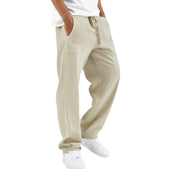 European Casual Linen Hop Beach Pants for Men Comfortable Loose Fit Foreign Trade Sports Trousers Lightweight Breathable Summer Men's Active Pants Beach Loose Trousers Adjustable Waist