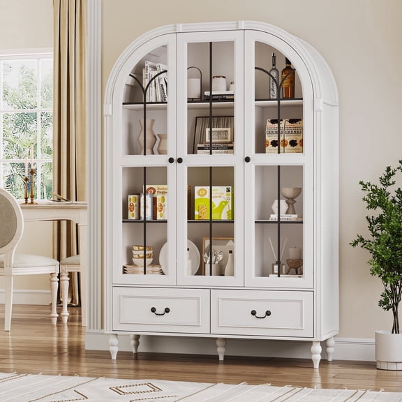 LERANO 70.8'' Tall Arched Kitchen Pantry Cabinet, Modern Display Cabinet with Glass Doors and Adjustable Shelves