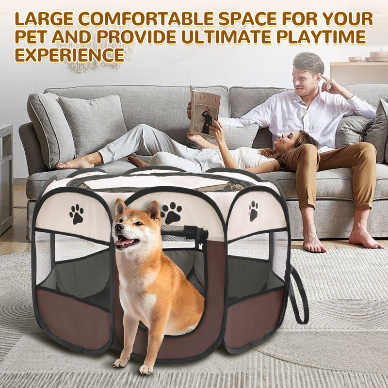 Foldable Octagon Pet Playpen Tent, Oxford Cloth Scratch-Resistant, For Cats & Dogs, 360° Ventilation, Brown，L