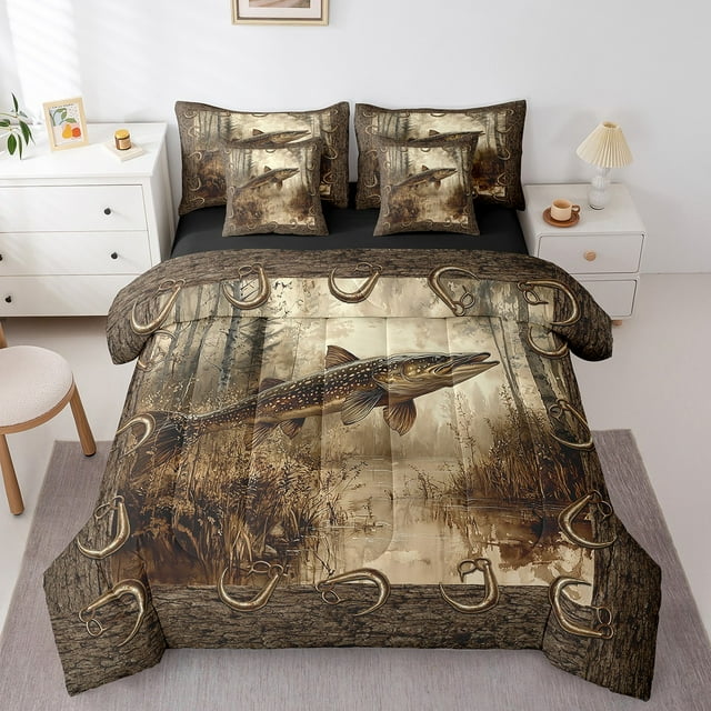 Erosebridal 7 Piece Bed in a Bag Twin Size Comforter Set for Kids Fishing Bedding Set,Rustic Bass Fish Reversible Bed Set,Farmhouse Comforter with Sheet Set,All Season