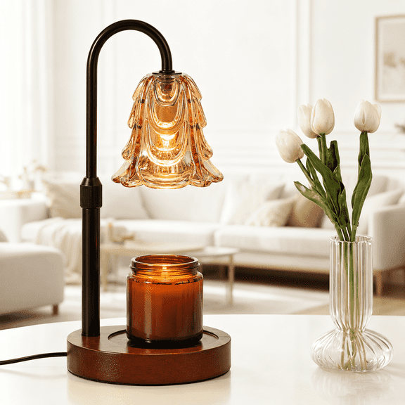 Compact Floral Candle Warmer Lamp for Jar Candles, Dimmable with Timer and Wood Base