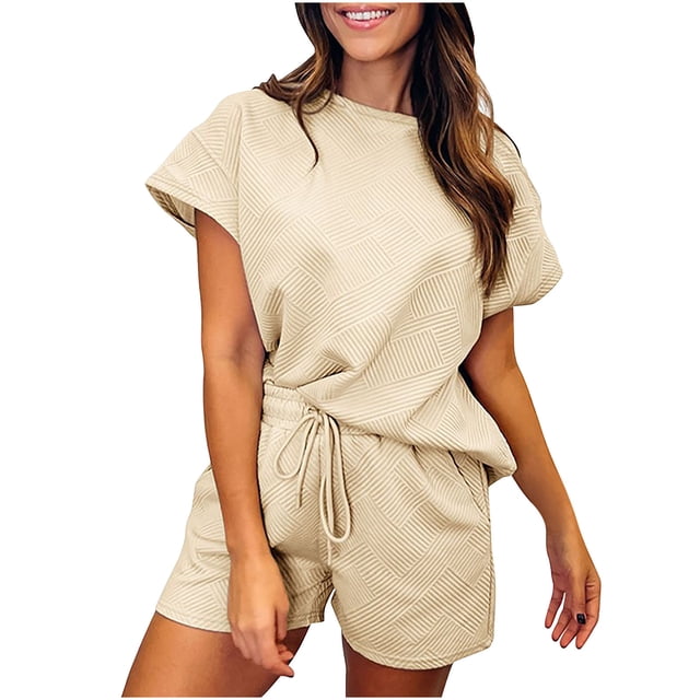 Yuyuzo Two Piece Outfits for Women Short Sleeve Crewneck Tops Drawstring Elastic Waisted Shorts with Pockets