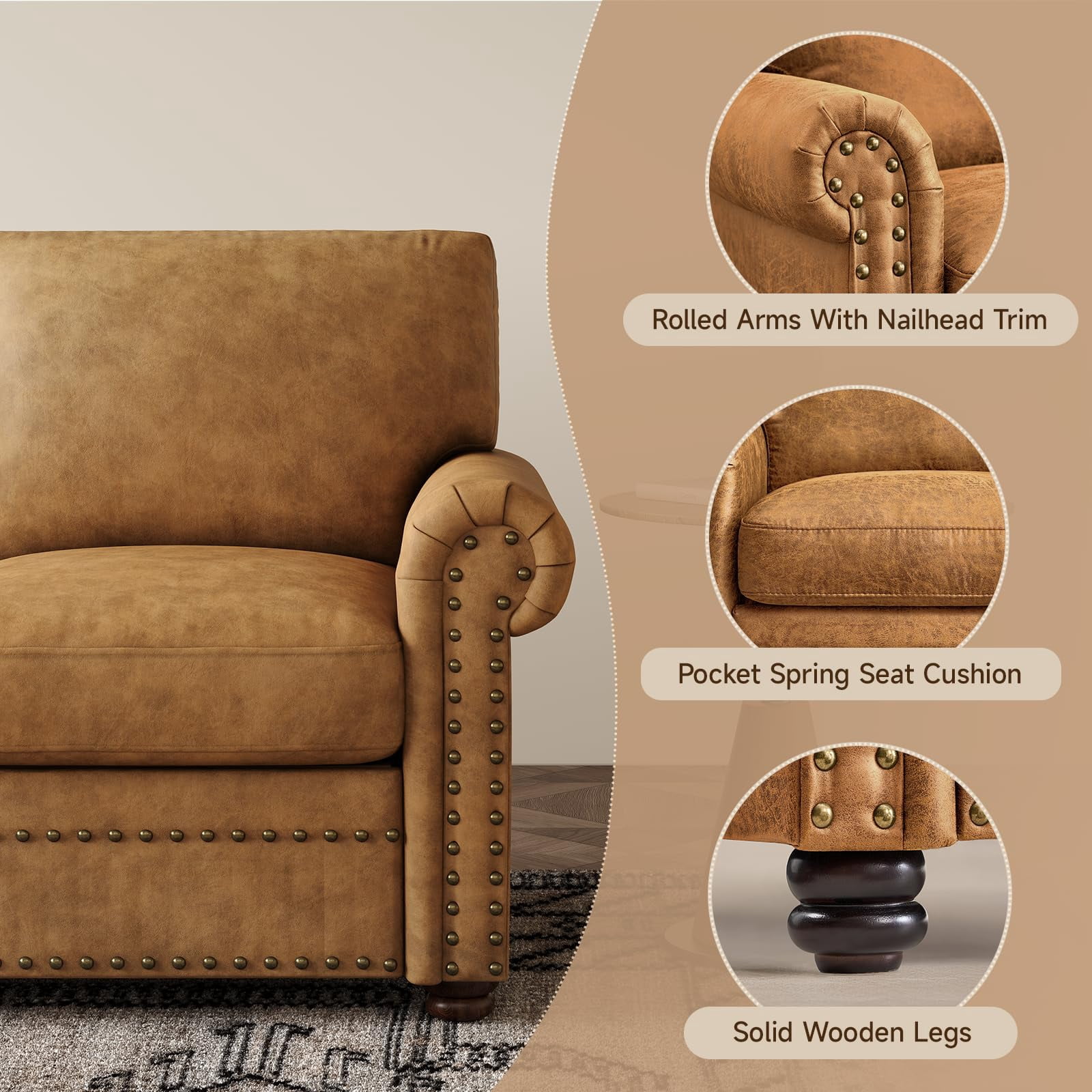 ROGALIS 84" Faux Leather Sofa, Mid-Century Modern 3-Seater Couch with Nailhead Trim and Rolled Arms, Caramel