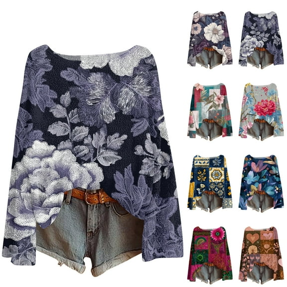 Women's Lightweight Sweater Casual Long Sleeve Knitted Vintage Floral Print Pullover for Fall and Winter, Cozy and Stylish, Ideal for Casual Wear,Blue,Size L