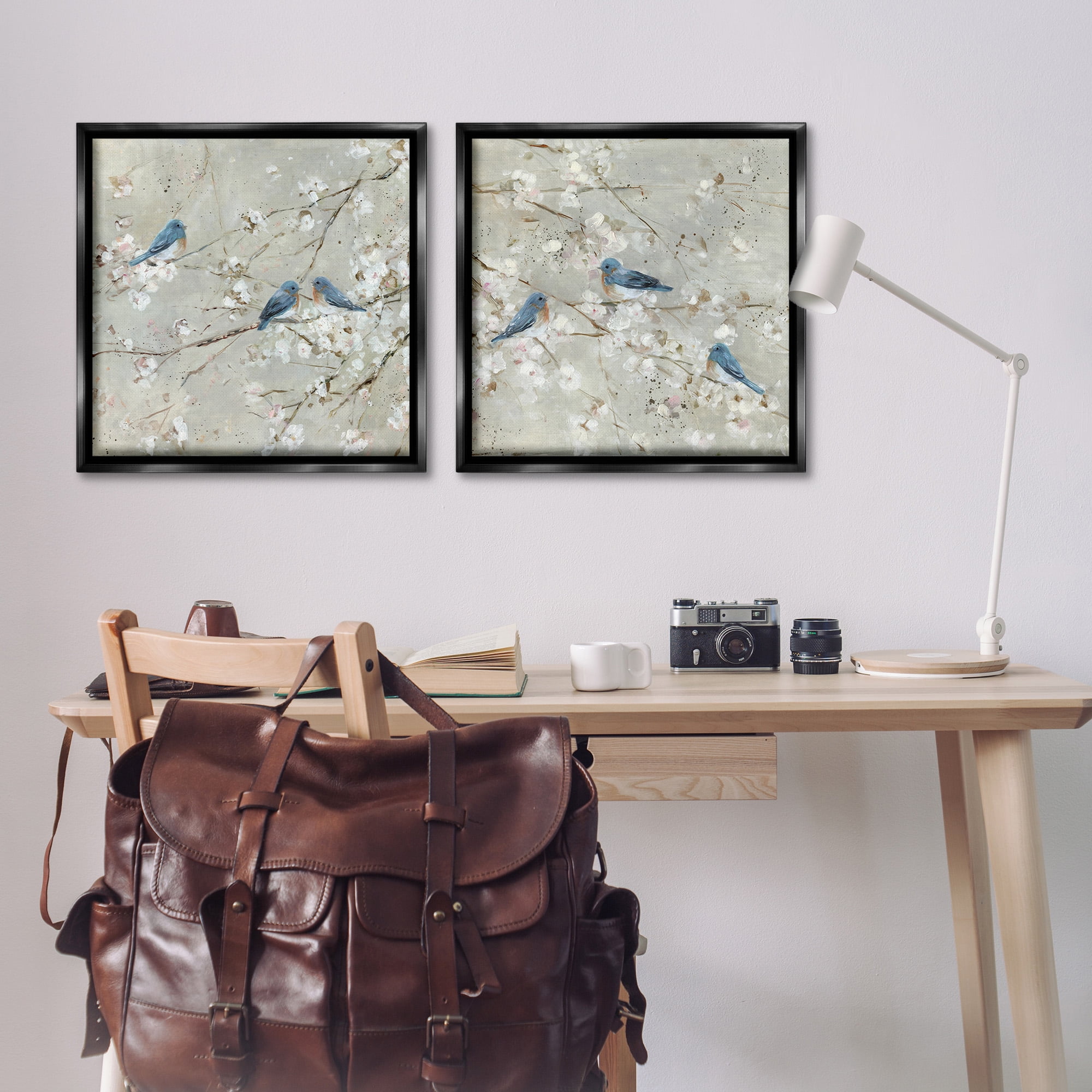 Stupell Industries Blue Birds Perched Tree Blossoms Animals & Insects Painting Black Floater Framed Canvas Art Print Wall Art, 25 x 25, Set of 2