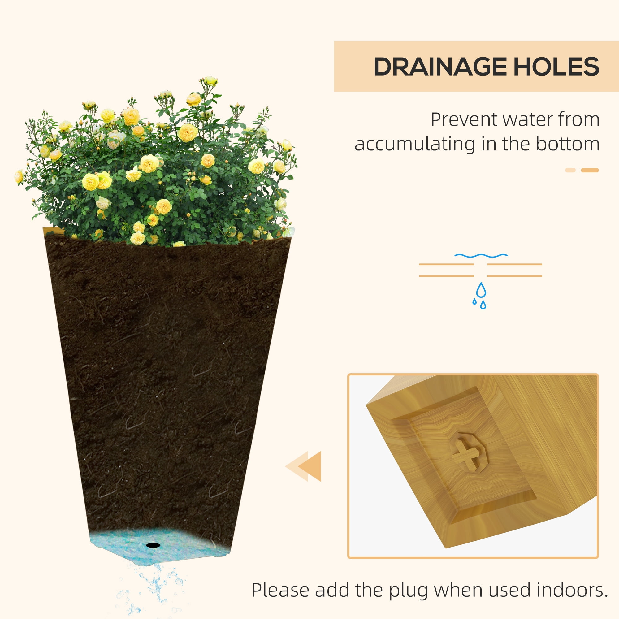 Garden Pots Outsunny 28" Tall Outdoor Planters, Set of 3 Large Taper Planters with Drainage Holes and Plug, Faux Wood Plastic Flower Pots for Outdoor, Indoor, Garden, Patio, Tan,Outdoor Garden Plant
