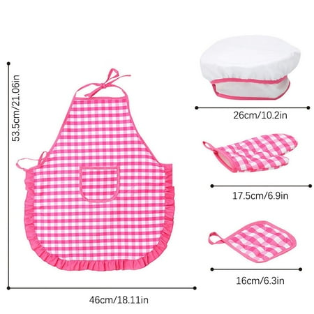 HCBY Kids Apron and Chef Hat Set Adjustable Machine Washable for 4-12 Years Old - Baking Gardening Role Play 4-Piece Cooking Costume Set (Pink 21 x18 +10 +7 +6 )