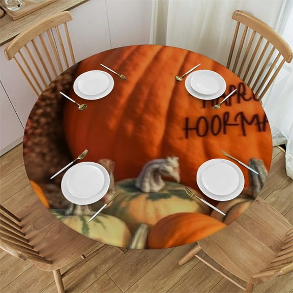 Thanksgiving Pumpkins Round Fitted Tablecloth with Elastic Edge, Pumpkin Fruit Table Cloth Waterproof Wipeable Round Table Cover