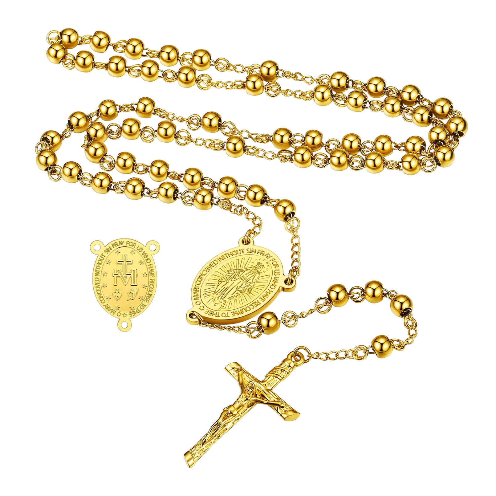 FaithHeart Rosary Necklace for Women Men Gold Plated Catholic Virgin Mary Holy Blessed Bead Christian Church Crucifix Cross Pendant Y Necklace Easter Jewelry Gift for Mom
