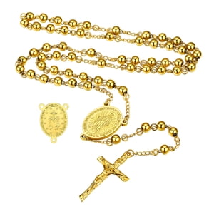 FaithHeart Rosary Necklace for Women Men Gold Plated Catholic Virgin Mary Holy Blessed Bead Christian Church Crucifix Cross Pendant Y Necklace Easter Jewelry Gift for Mom