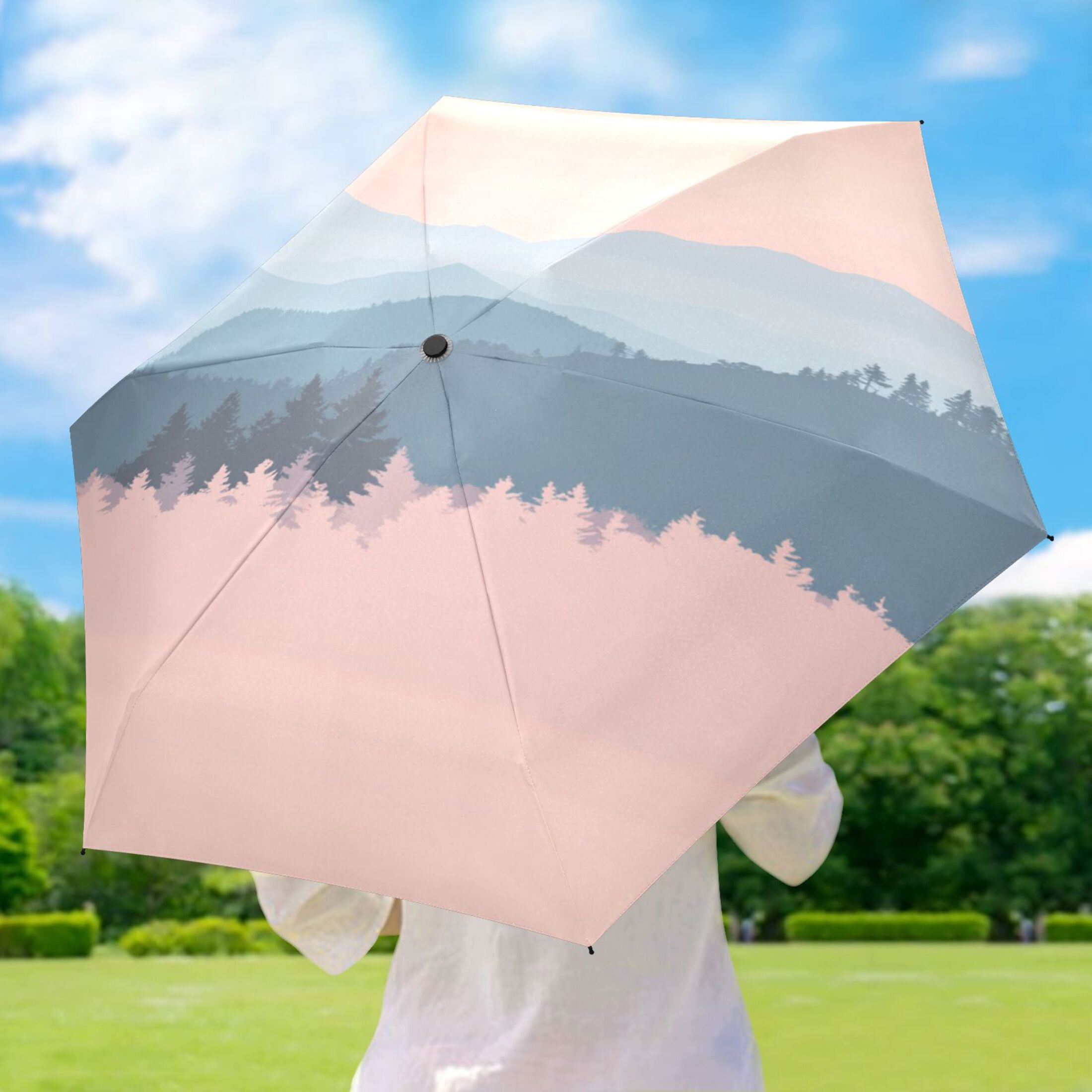 Pastel Mountains Umbrellas for Sun Auto Open Close UV50+ Waterproof 5-Fold Compact Fiberglass Frame