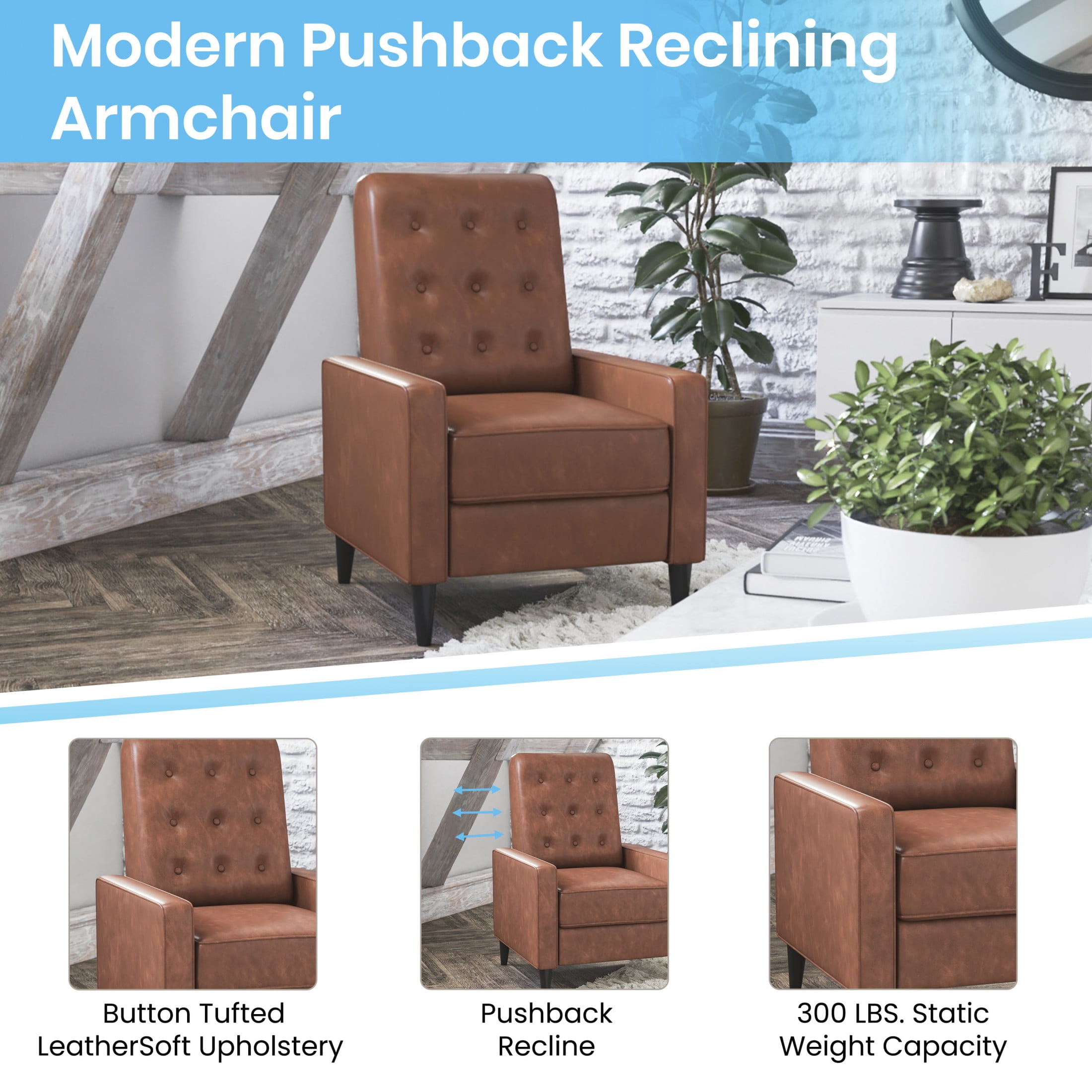 Flash Furniture Erza LeatherSoft Button Tufted Modern Pushback Recliner, Cognac Brown