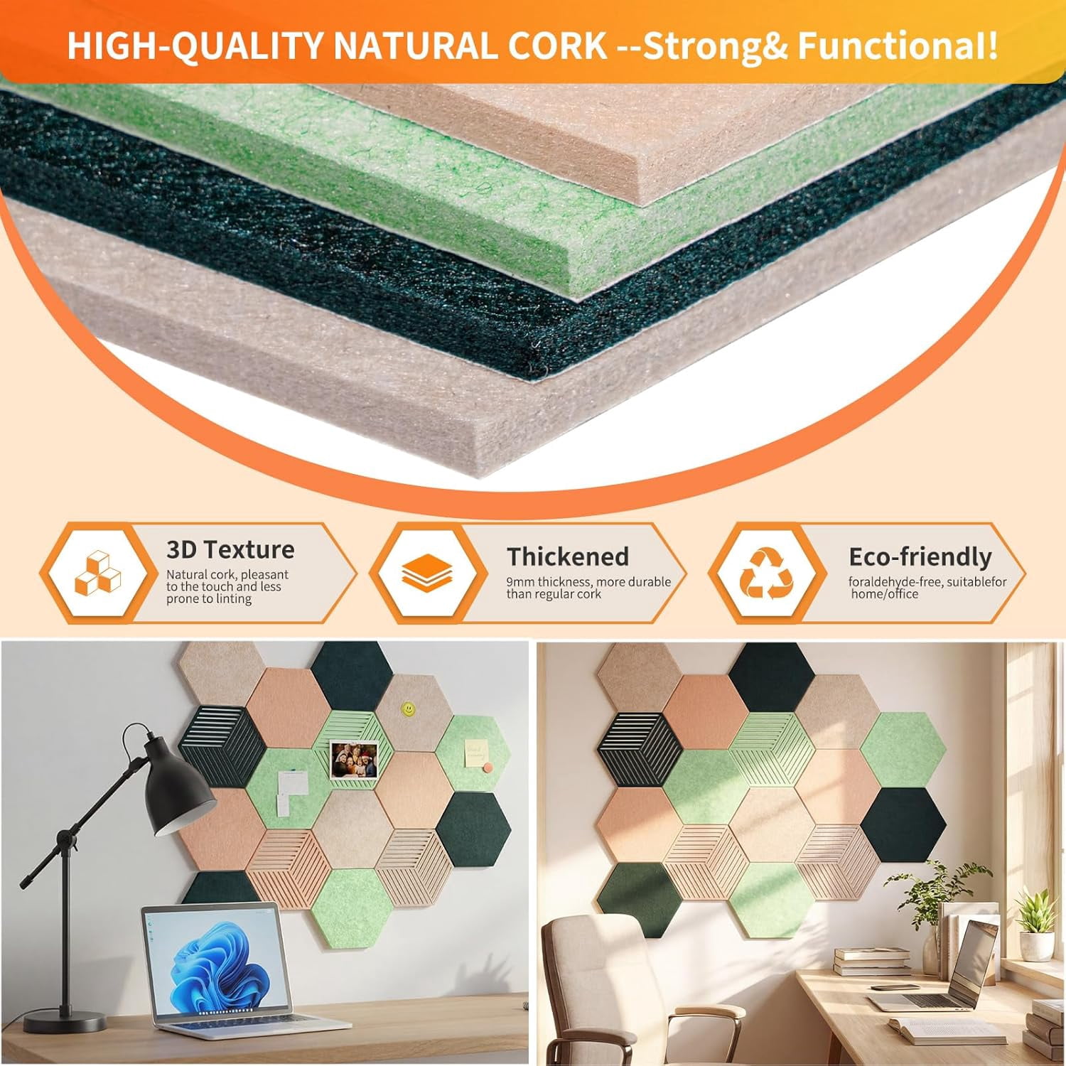 FOCHIER F 16PCS Hexagon Cork Boards for Walls Decor,7X 6 inch Felt Bulletin Board Tiles Sets for Home Office Class Kitchen with 50 Push Pins,Self Adhesive DIY Pin Board for Photos Memos (Green-16PCS)
