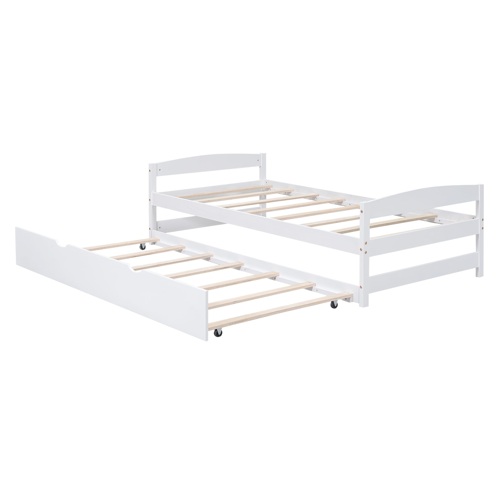 Euroco Twin Size Platform Bed with Trundle, Low Profile Easy Assembly Wood Daybed, White