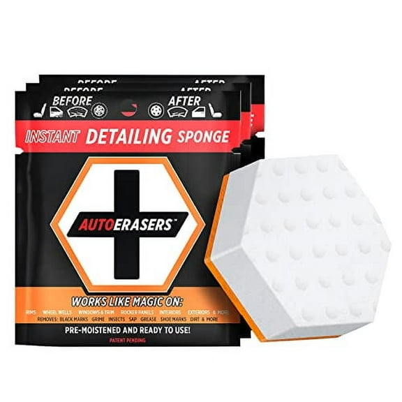 AutoERASERS™ Instant Detailing Sponge, Premium Pre-Moistened Dual-Sided Auto Cleaning Sponge with Shammy (3 Pack)
