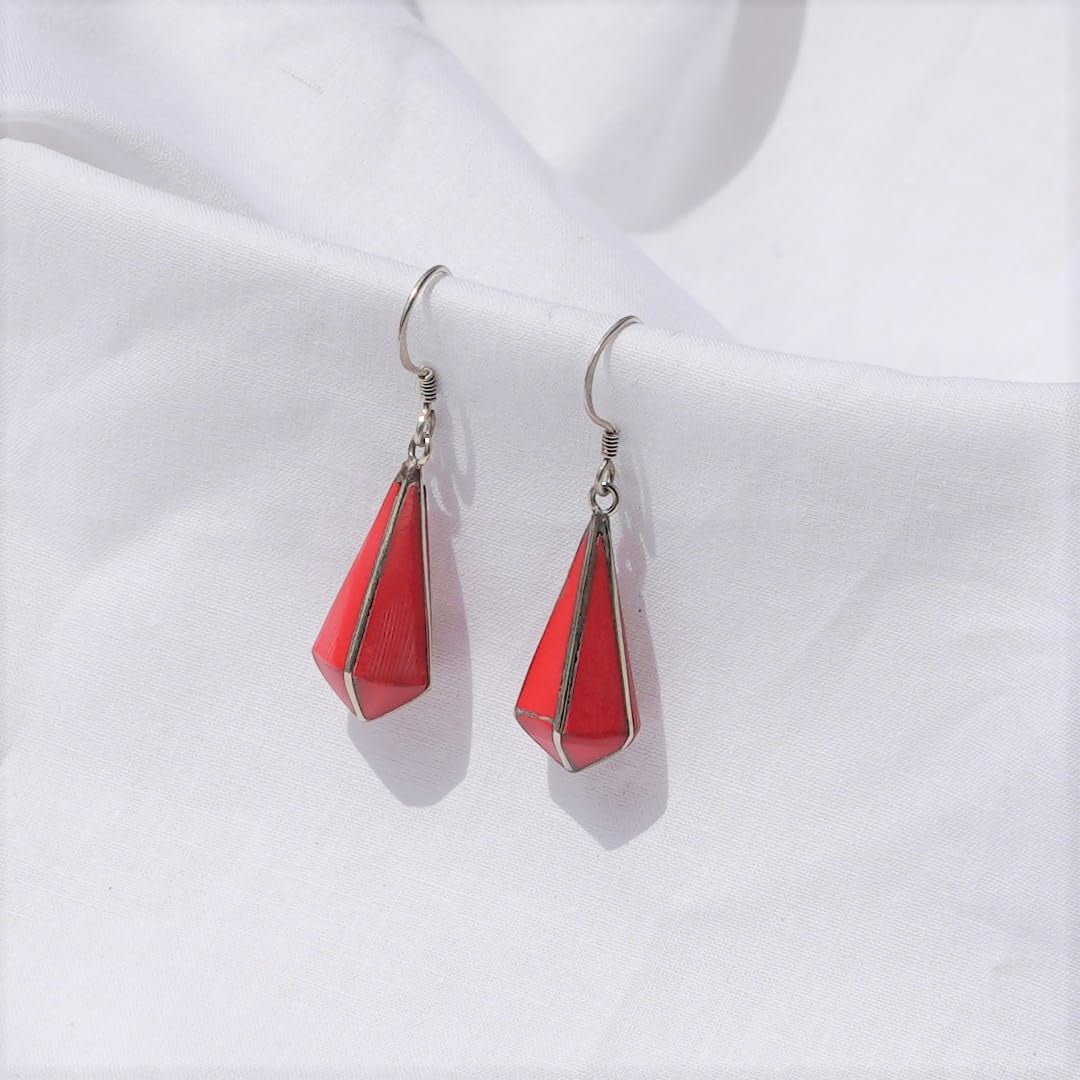 Tibetan Silver Boho Fashion Earrings Coral Gemstone Handmade Jewelry