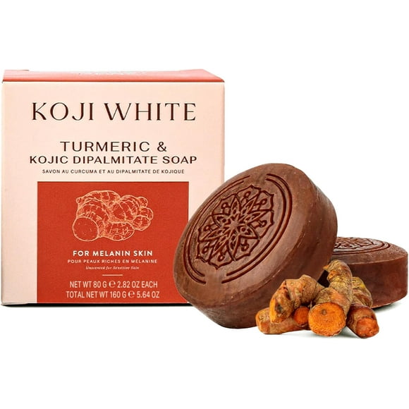 Koji White Barre de Savon au Curcuma et au Dipalmitate de Kojic - Nettoyant Doux pour Teint Irrégulier avec Beurre de Karité – pour Peau Riche en Mélanine, Visage et Corps, Végane, Sans Parfum, Peau Sensible, 2,82 oz (2 Barres)