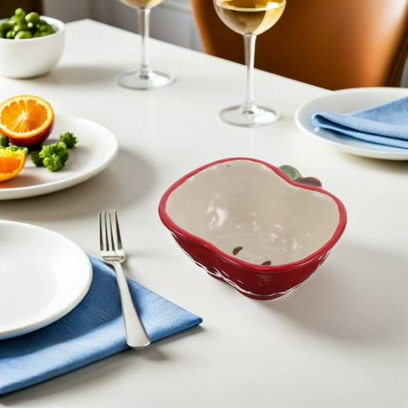 OUNONA 2Pcs Red Ceramic Apple Fruit Bowls Decorative Salad Serving Bowls for Kitchen Table