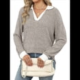 thumbnail image 3 of Suéteres de Cuello en V para Mujer, Jersey con Bloques de Color, Mangas Largas, Corte Holgado, Estilo Informal, Tipo Túnica, Camisetas. Caqui XL, 3 of 10