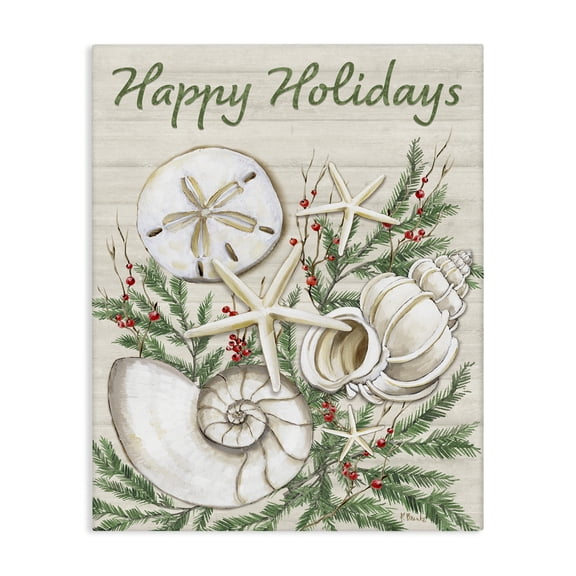Stupell Industries Holiday Seashells & Holly Holiday Painting Wrapped Canvas Art Print Wall Art, 16 x 20