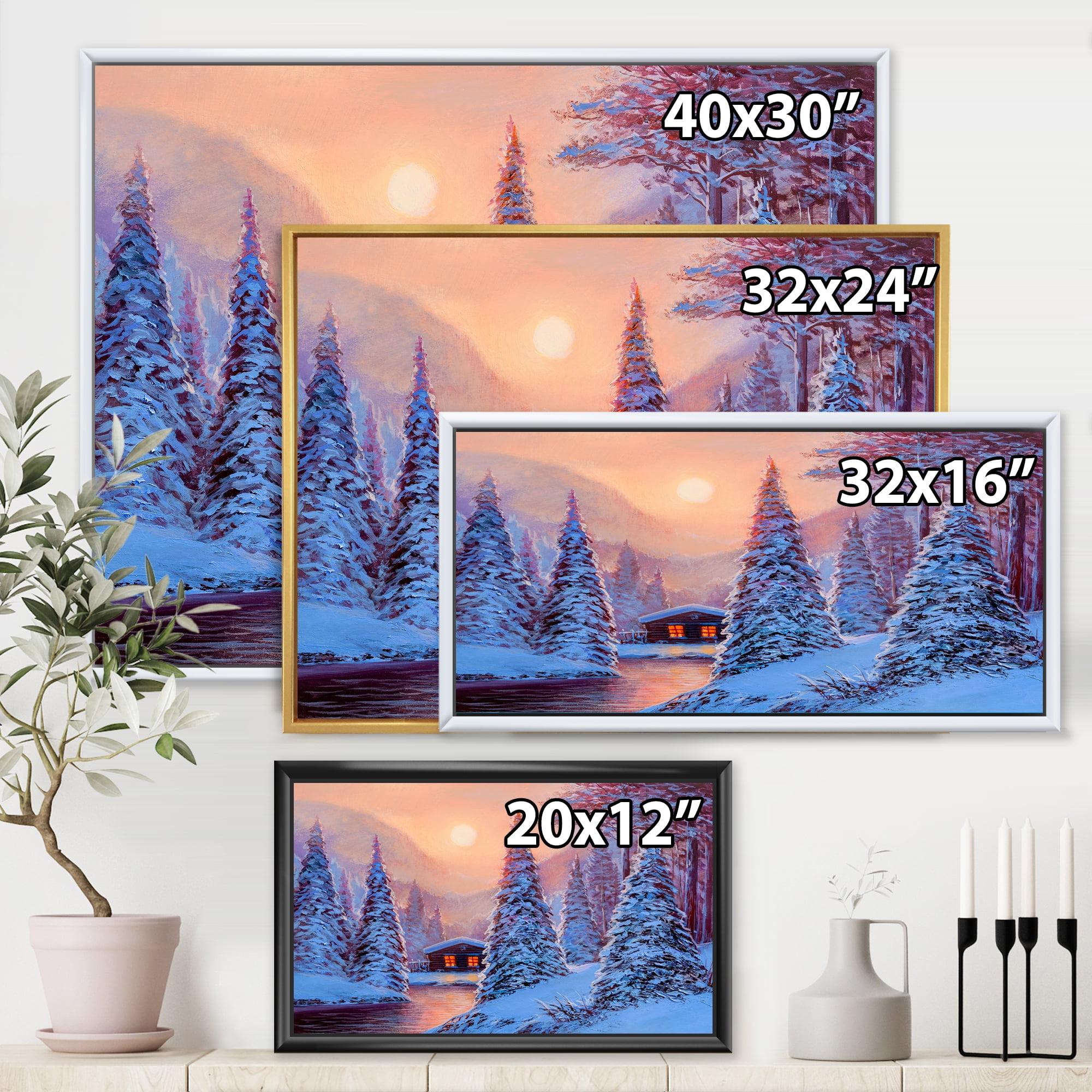 Designart 'The River House In The Woods and Winter Landscape I' Lake House Framed Canvas Wall Art Print