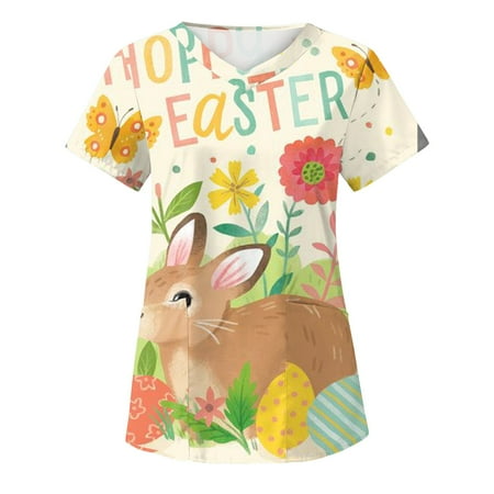 

Easter Scrub Tops Bunny Women Nurse Uniforms for Women Short Sleeve V-Neck Shirts Tee Shirts with Pockets