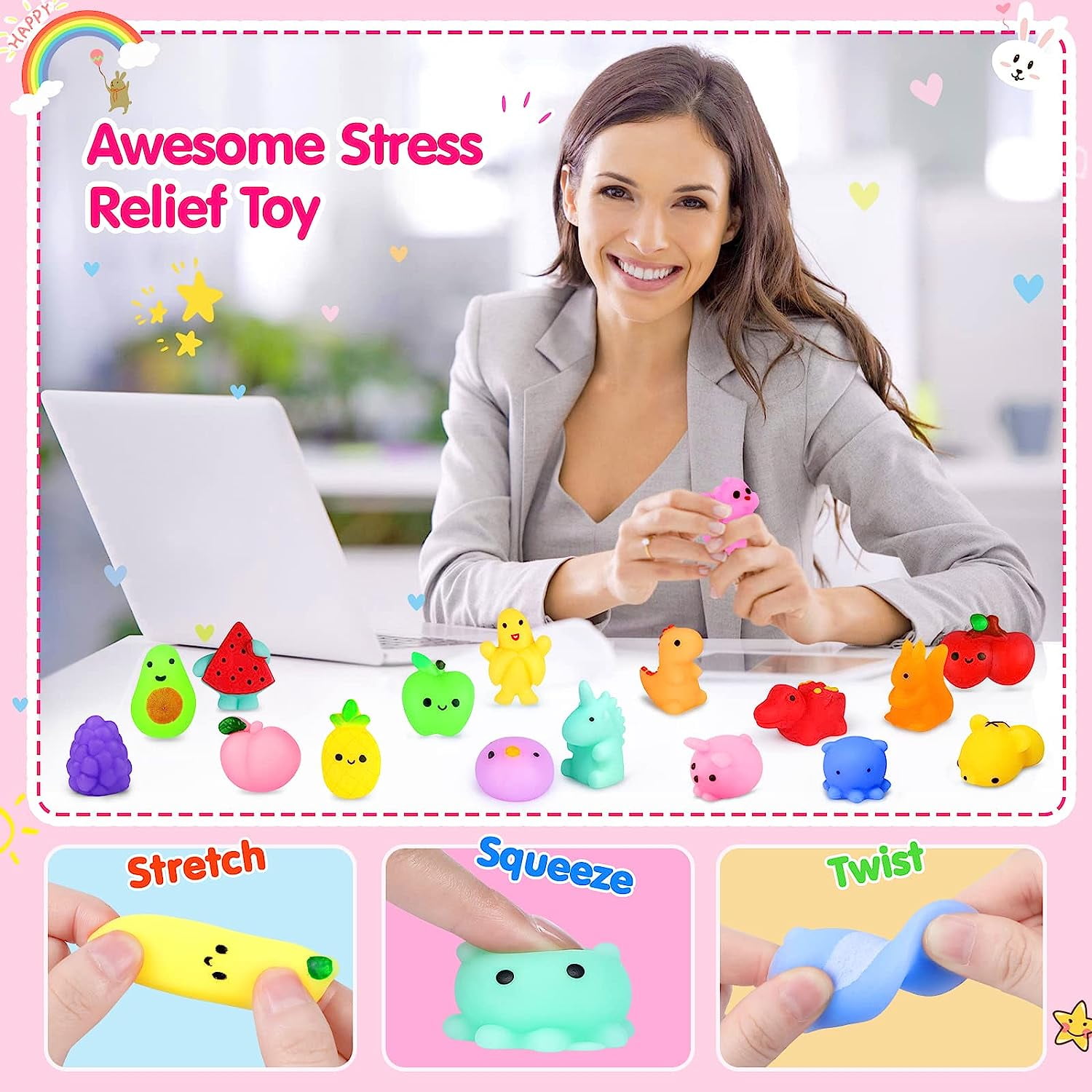 LUDILO Glitter Mochi Squishies Toys - 20pcs Random Kawaii Mini Squishies  for Kids - Unicorn, Cat, Panda - Stress Relief Toy