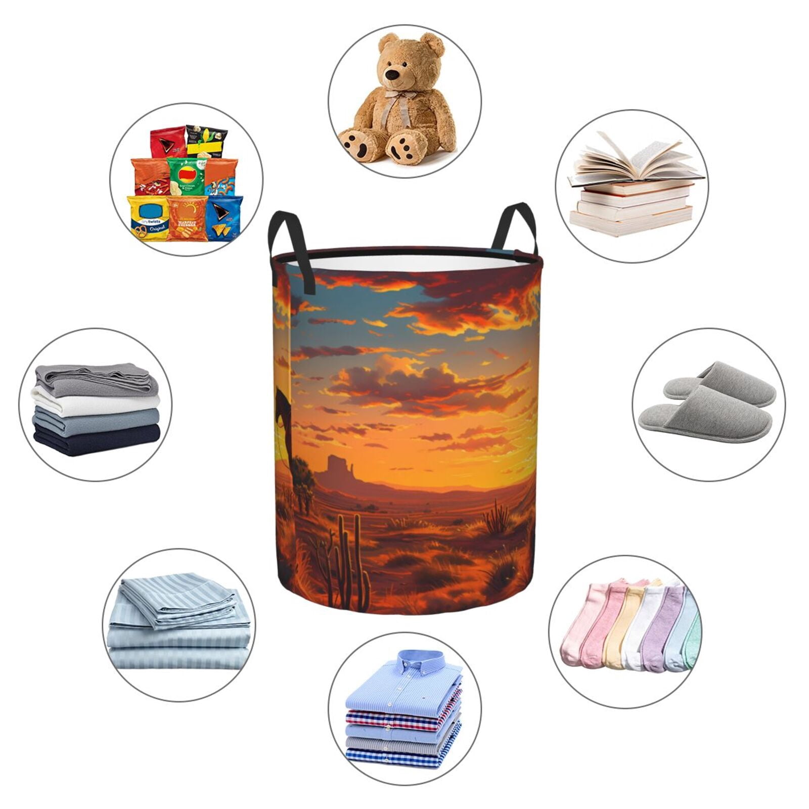 Large Laundry Basket with Handles - Sunset Desert Western Cowboy Kids Baby Dirty Clothes Laundry Hamper for Bedroom Aesthetic