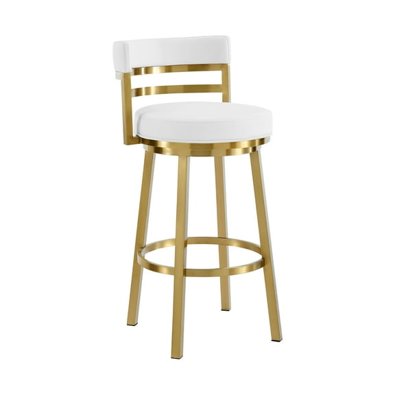 Madrid Bar Stool 26" Seat Height Swivel with Gold Brushed Stainless Steel and White Faux Leather