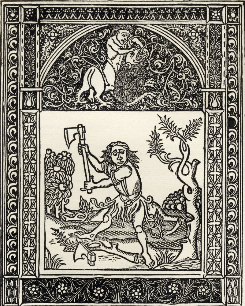 Facsimile Of Illustration Of The Fable Of The Woodcutter And The Axe From Esopi Vita Et Fabulae Printed Naples 1485 From A Catalogue Of A Collection Of Engravings Etchings And Woodcuts By Richard Fish