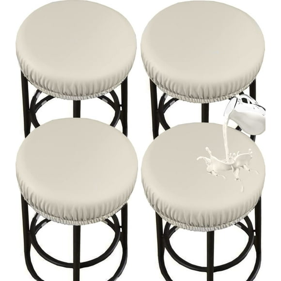 PU Bar Stool Covers - Waterproof, Washable Round Seat Covers with Elastic Bands for 12-17 Inch Chairs (4Pcs, Beige)
