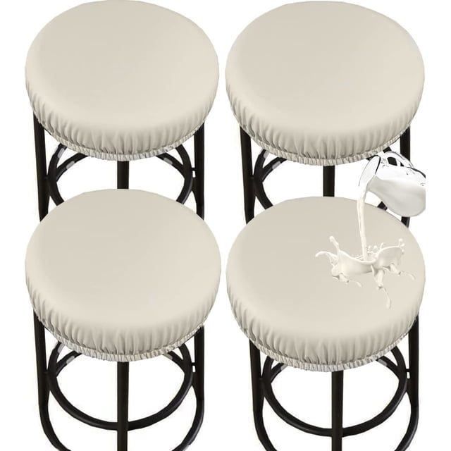 PU Bar Stool Covers - Waterproof, Washable Round Seat Covers with Elastic Bands for 12-17 Inch Chairs (4Pcs, Beige)