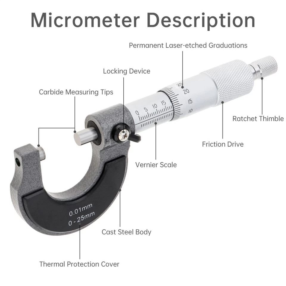 PRIME - Outside Micrometer 0-25Mm 0.01Mm Metric External Caliper With Zero Wrench Metric